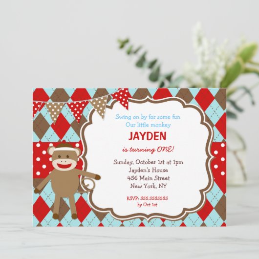 Sock Monkey Birthday-uitnodigingen Kaart (Staand voorkant)