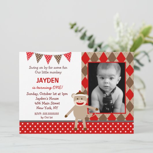 Sock Monkey Birthday-uitnodigingen Kaart (Staand voorkant)