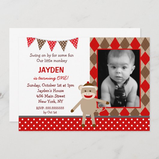 Sock Monkey Birthday-uitnodigingen Kaart (Voorkant / Achterkant)