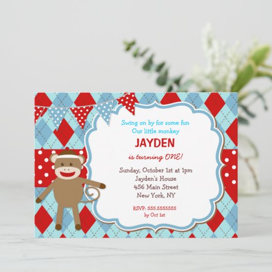 Sock Monkey Birthday-uitnodigingen Kaart (Staand voorkant)