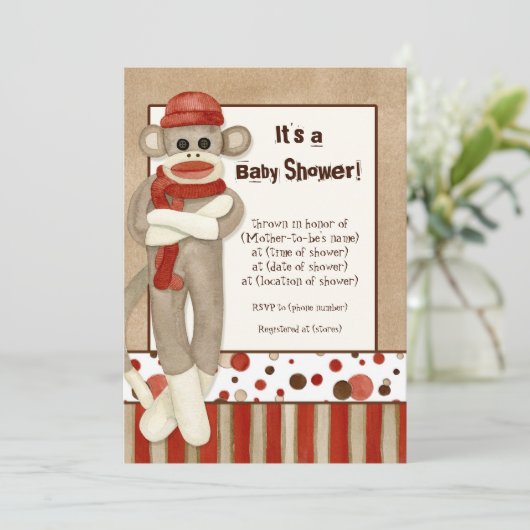 Sock Monkey, Boy Baby shower Invitation Kaart (Staand voorkant)