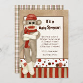 Sock Monkey, Boy Baby shower Invitation Kaart (Voorkant / Achterkant)