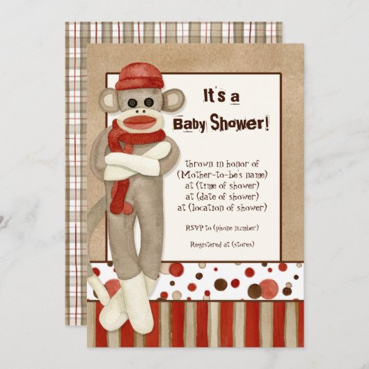 Sock Monkey, Boy Baby shower Invitation Kaart (Voorkant / Achterkant)