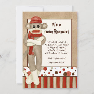 Sock Monkey, Boy Baby shower Invitation Kaart
