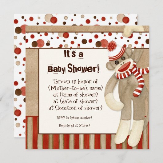 Sock Monkey, Boy Baby shower Invitation Kaart (Voorkant / Achterkant)