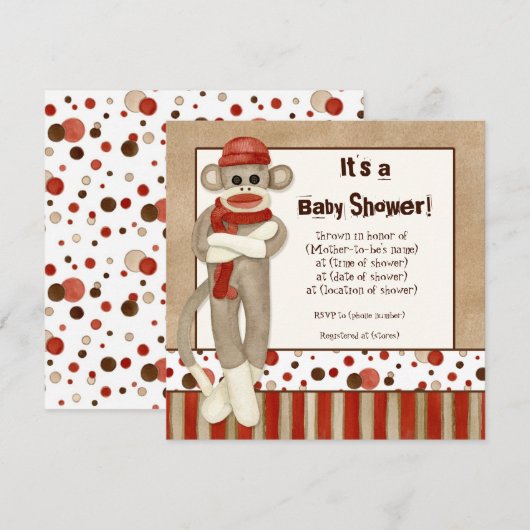 Sock Monkey, Boy Baby shower Invitation Kaart (Voorkant / Achterkant)