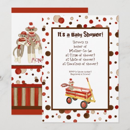 Sock Monkey, Boy Baby shower Invitation Kaart (Voorkant / Achterkant)