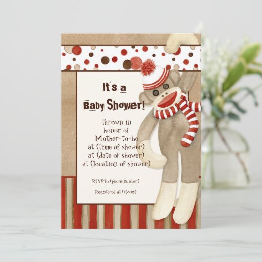 Sock Monkey, Boy Baby shower Invitation Kaart (Staand voorkant)