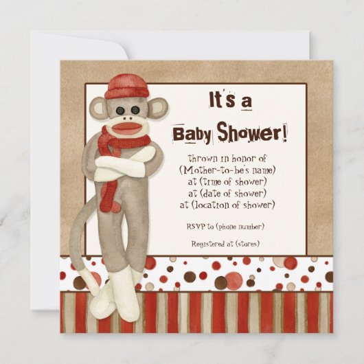Sock Monkey, Boy Baby shower Invitation Kaart (Voorkant)