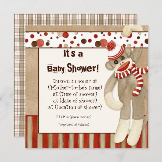 Sock Monkey, Boy Baby shower Invitation Kaart (Voorkant / Achterkant)