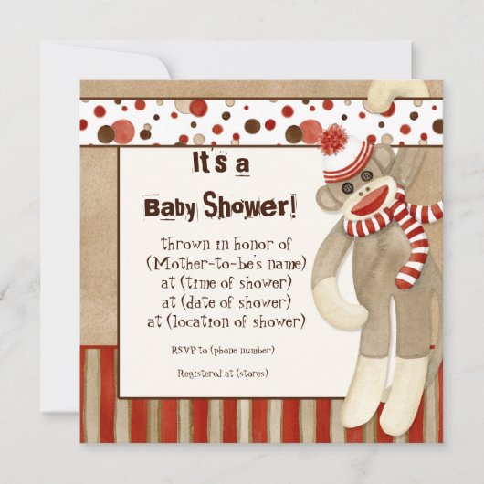 Sock Monkey, Boy Baby shower Invitation Kaart (Voorkant)