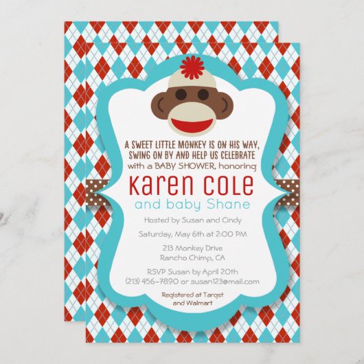 Sock Monkey Boy Baby shower Kaart (Voorkant / Achterkant)