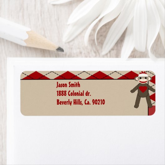 Sock Monkey Boy Gingham Birthday Party Etiket (Insitu)
