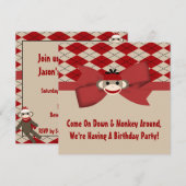 Sock Monkey Boy Gingham Birthday Party Kaart (Voorkant / Achterkant)