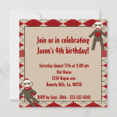 Sock Monkey Boy Gingham Birthday Party Kaart (Achterkant)