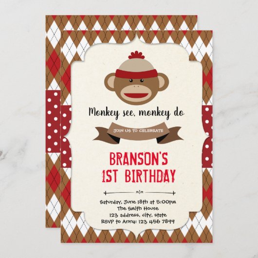 Sock monkey boy party uitnodiging (Voorkant / Achterkant)