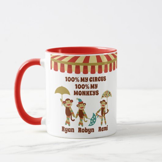 Sock Monkey Circus 3 Kinder namen Oudergeschenk Mok (Links)