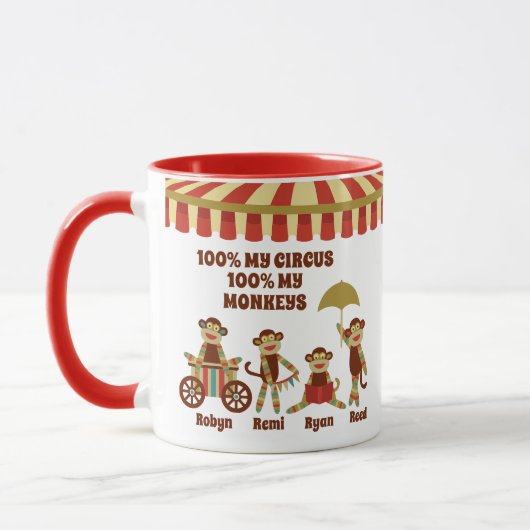 Sock Monkey Circus 4 Kinder namen Oudergeschenk Mok (Links)