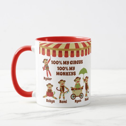 Sock Monkey Circus 5 Kinder namen Oudergeschenk Mok (Links)