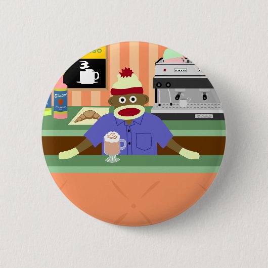 Sock Monkey Coffee Shop Barista Ronde Button 5,7 Cm (Voorkant)
