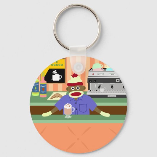 Sock Monkey Coffee Shop Barista Sleutelhanger (Voorkant)