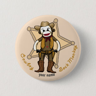 Sock Monkey Cowboy pin knop Ronde Button 5,7 Cm