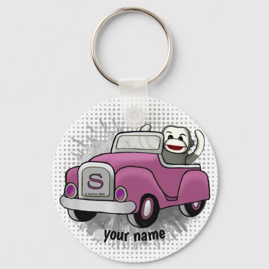 Sock Monkey Driving Car Sleutelhanger (Voorkant)