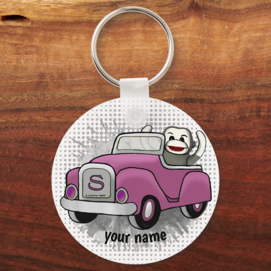 Sock Monkey Driving Car Sleutelhanger (Voorkant)