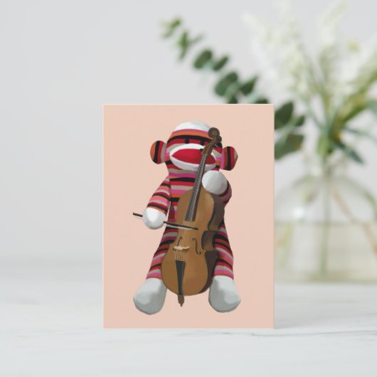 Sock Monkey en Cello 2 Briefkaart (Staand voorkant)