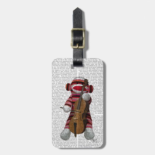 Sock Monkey en Cello Bagagelabel (Voorkant verticaal)