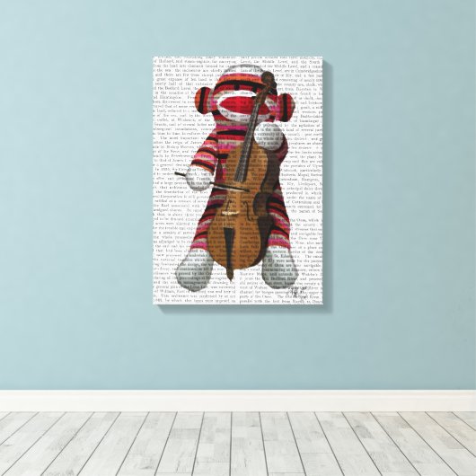 Sock Monkey en Cello Canvas Afdruk (Insitu (Houten vloer))