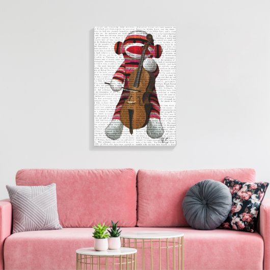 Sock Monkey en Cello Canvas Afdruk (Insitu (Woonkamer))