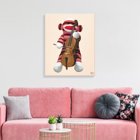 Sock Monkey en Cello Canvas Afdruk (Insitu (Woonkamer))