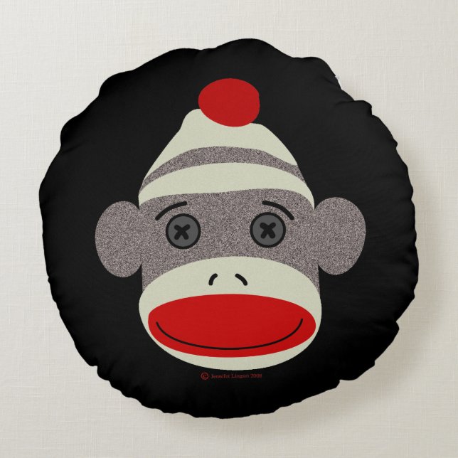 Sock Monkey Face Rond Kussen (Achterkant)