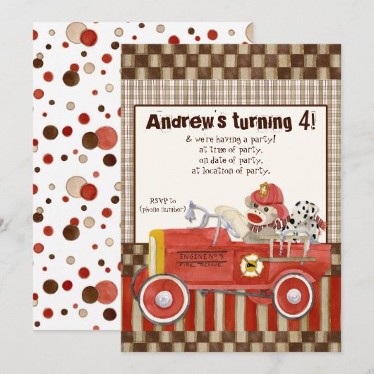 Sock Monkey, Fire Truck Boy Verjaardagsfeest Uitno Kaart (Voorkant / Achterkant)