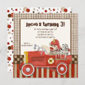 Sock Monkey, Fire Truck Boy Verjaardagsfeest Uitno Kaart (Voorkant / Achterkant)