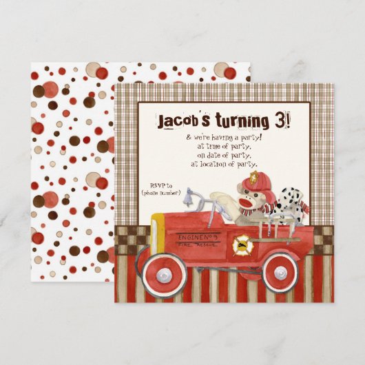 Sock Monkey, Fire Truck Boy Verjaardagsfeest Uitno Kaart (Voorkant / Achterkant)