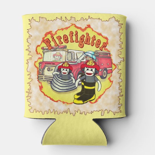 Sock Monkey Firetruck Brandweerman Blikjeskoeler (Achterkant)