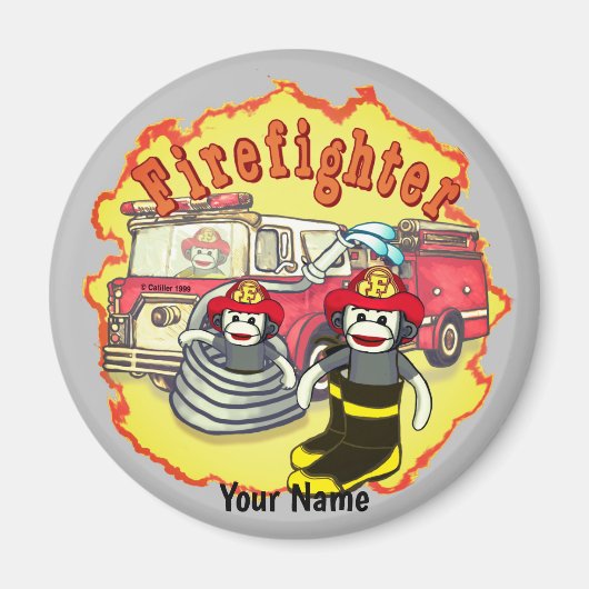 Sock Monkey Firetruck Brandweerman Magneet (Voorkant)