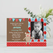 Sock Monkey Foto Birthday Party Kaart (Staand voorkant)