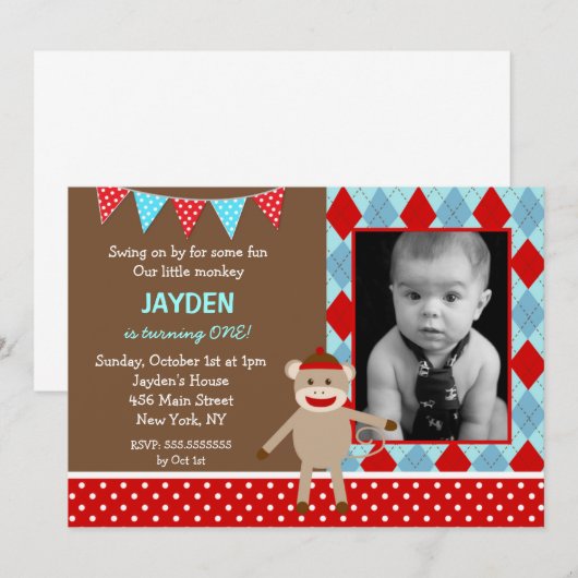 Sock Monkey Foto Birthday Party Kaart (Voorkant / Achterkant)