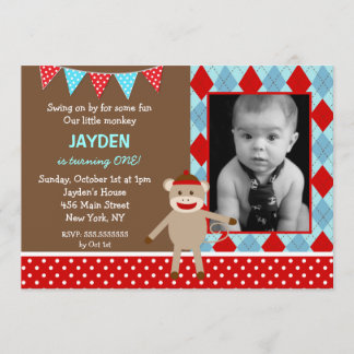 Sock Monkey Foto Birthday Party Kaart