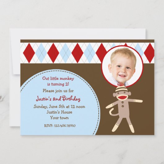 Sock Monkey Foto Birthday Party Kaart (Voorkant)