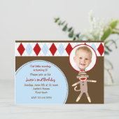 Sock Monkey Foto Birthday Party Kaart (Staand voorkant)