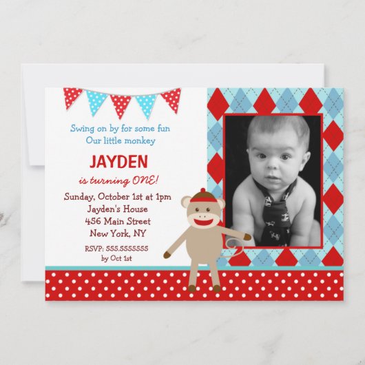 Sock Monkey Foto Birthday-uitnodigingen Kaart (Voorkant)