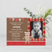Sock Monkey Foto Birthday-uitnodigingen Kaart (Staand voorkant)