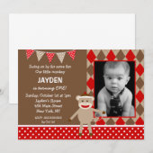 Sock Monkey Foto Birthday-uitnodigingen Kaart (Voorkant / Achterkant)