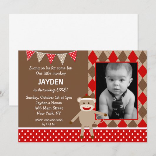 Sock Monkey Foto Birthday-uitnodigingen Kaart (Voorkant / Achterkant)
