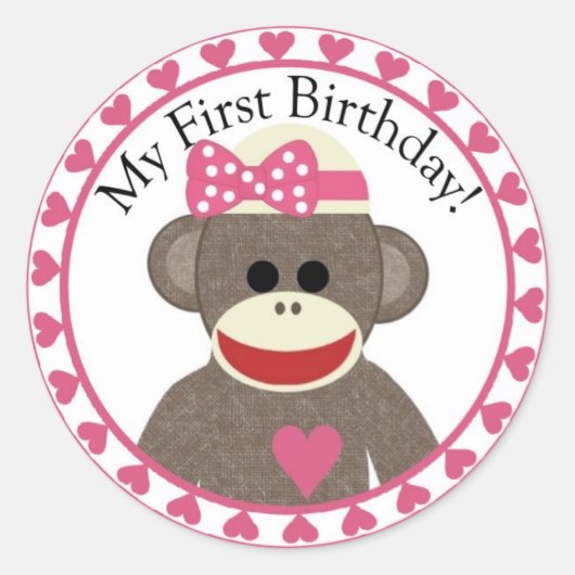 Sock Monkey Girl Birthday Sticker (Voorkant)