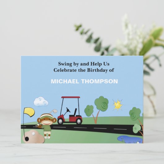 Sock Monkey Golf Birthday-uitnodigingen Kaart (Staand voorkant)